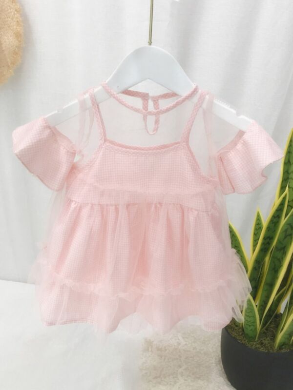 Little Girl Plaid Mesh Semi Sheer Dress