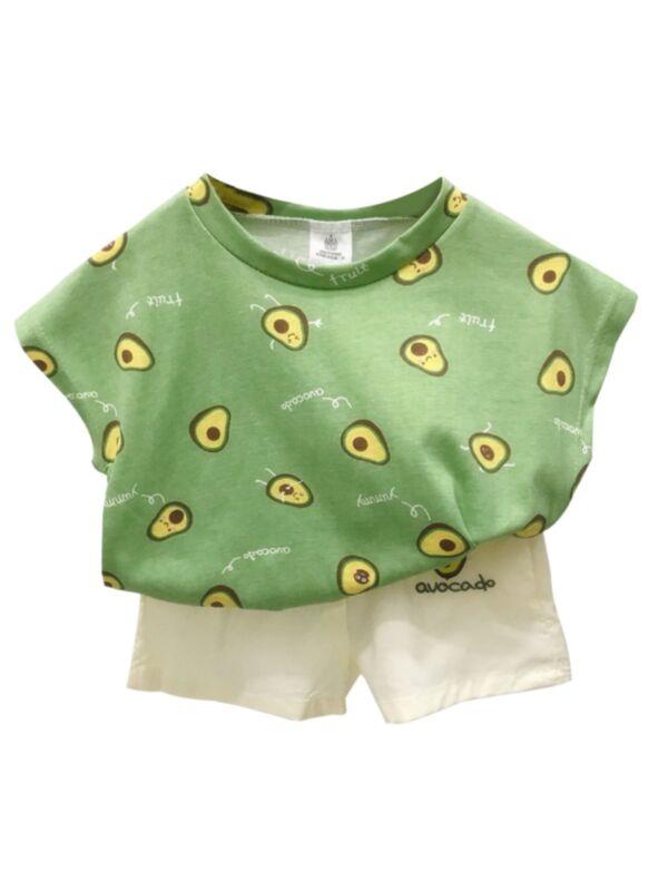 2 Pieces Little Girl Avocado Printed T-shirt and Shorts Set 