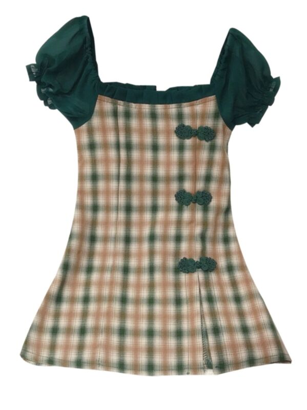 Little Girl Puff Sleeve Plaid Retro Chinese Cheongsam Dress