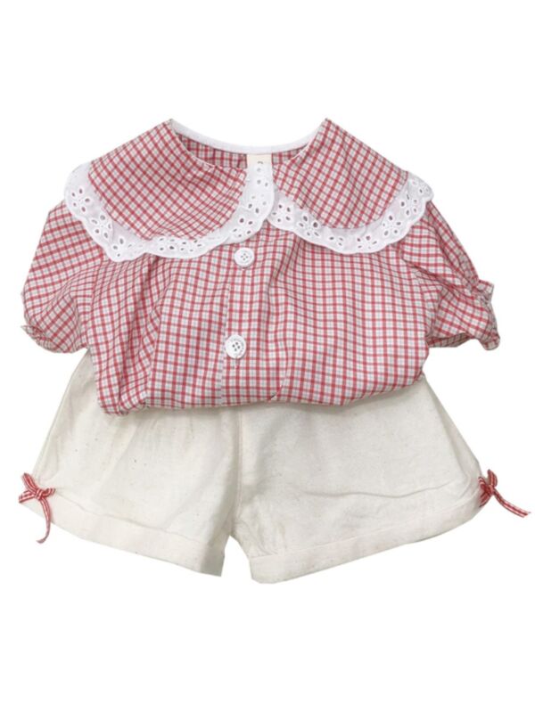 Two-piece Little Girl Check Short Sleeve Blouse With Solid Color Skirt  Set 