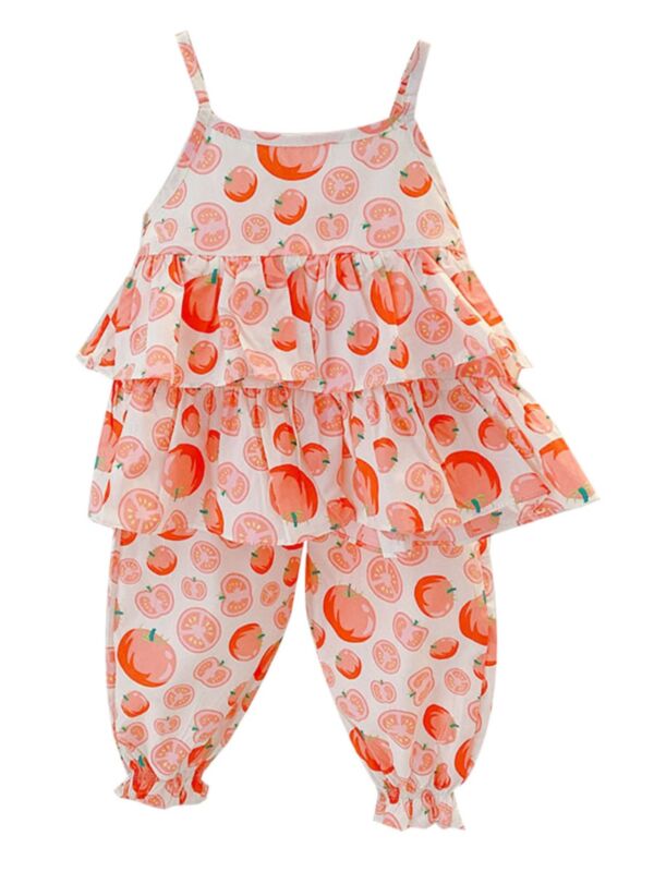 2 Pieces Little Girl Tomato Print Set Slip Tunic Top And Pants