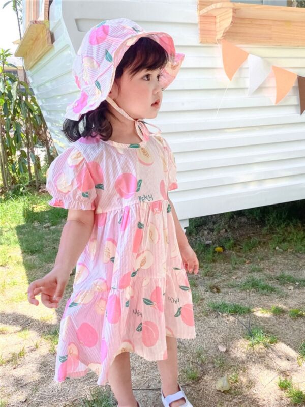 Little Girl Printed Princess Puff Sleeve Dress With Hat
