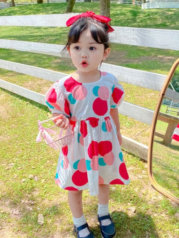 Toddler Girl Polka Dot Puff Sleeve  Round Neck Mini Dress