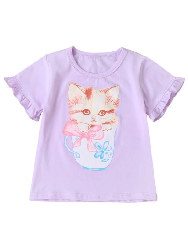 Kid Girl Purple Cartoon Cat Flying Sleeve T-Shirt