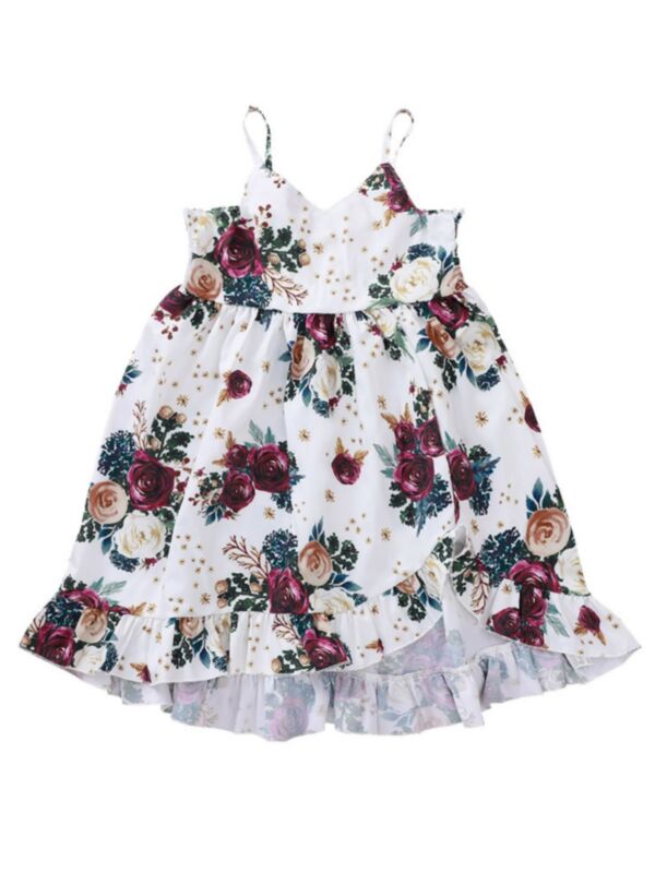 Little Girl Floral Printed Irregular Ruffle Hem Suspender Dress