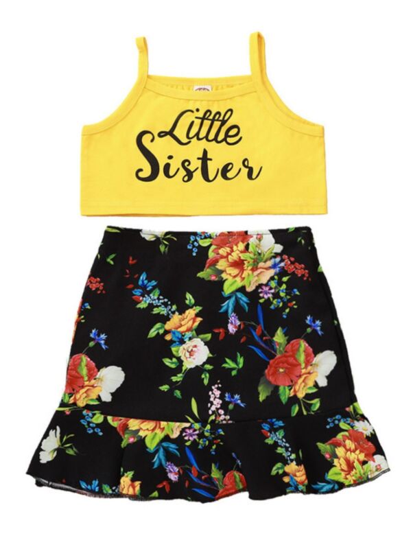 2-Piece Kid Girl Little Sister Print Yellow Crop Top & Flower Print Skirt Set