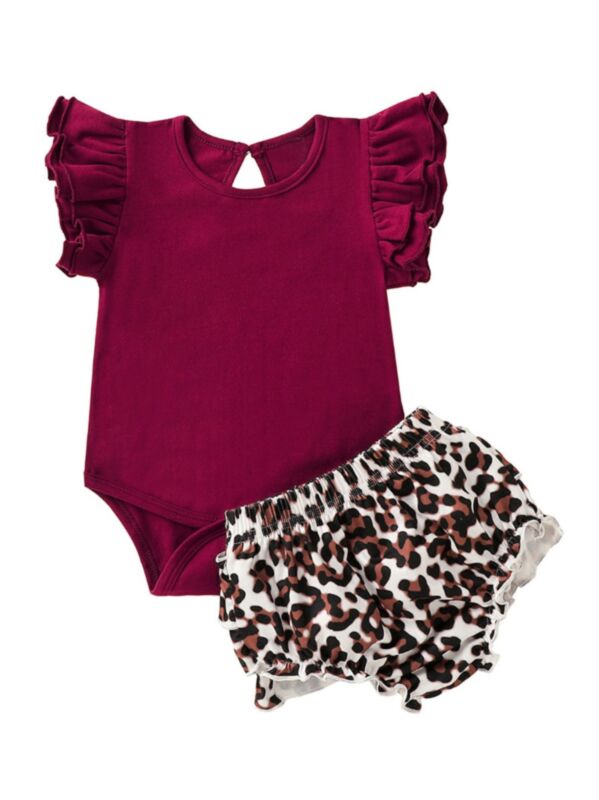 2-Piece Infant Girl Wine Red Flutter Sleeve Bodysuit And Leopard Print Shorts Set