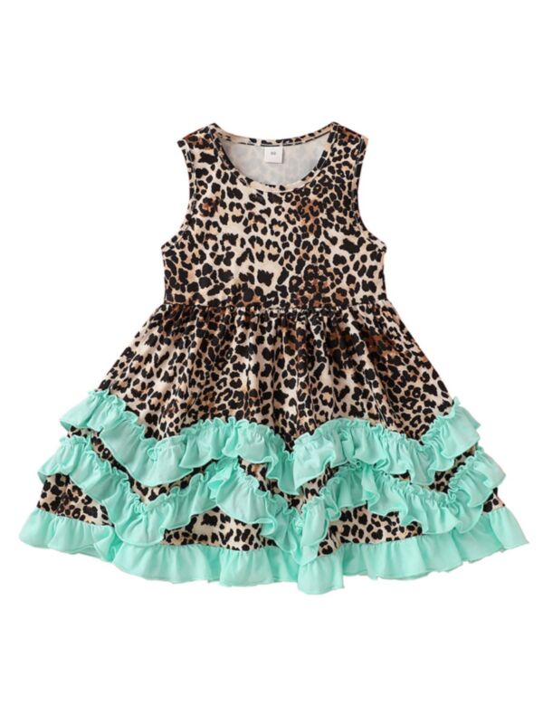 Summer Kid Girl Leopard Printed Layered Ruffle Tank Dress