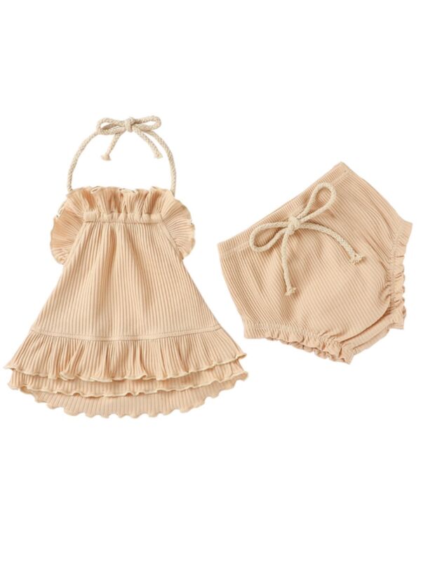 2 Pieces Infant Girl  Ribbed Set Self Tie Halter Neck Top And Shorts