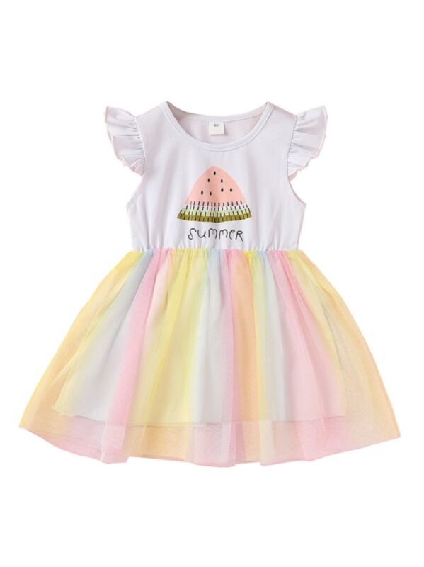 Little Girl Watermelon Flutter-Sleeve Gradient Mesh Dress