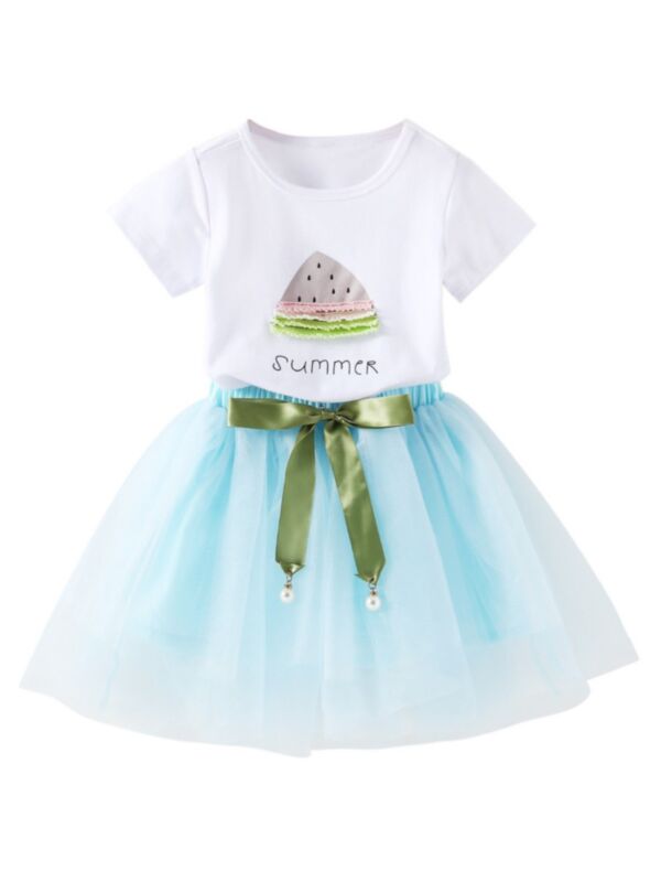 2-Piece Toddler Girl Melon Printed Top Matching Mesh Skirt Set