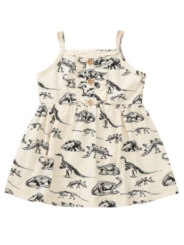 Little Girl Dino Print Apricot Cami Dress