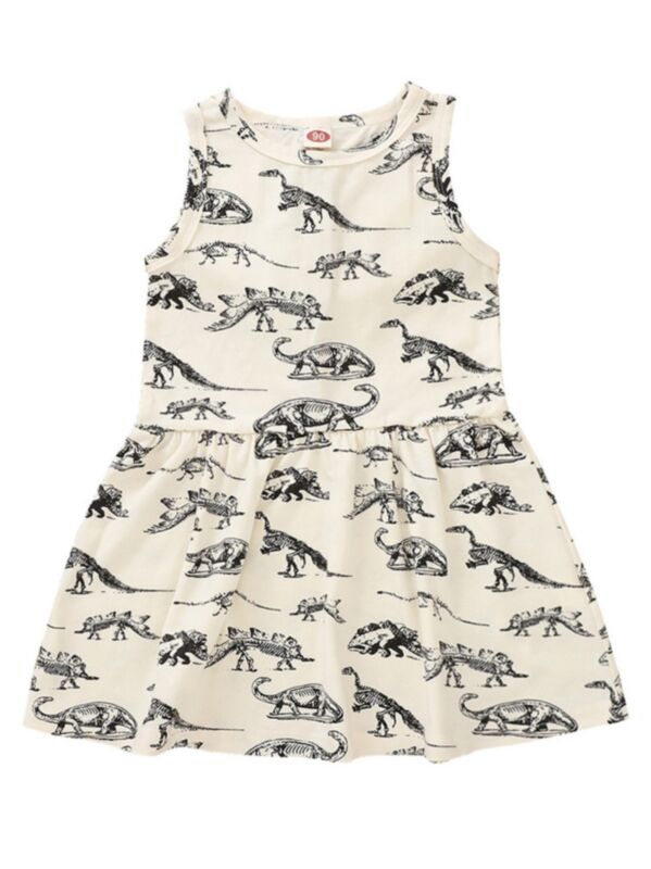 Little Girl Dinosaur Printed Tank Dress Apricot 