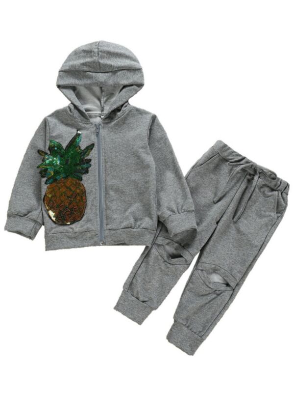 2 Pieces Little Girl Sport Set Sequined Pineapple Hooded Jacket And Trousers Grey