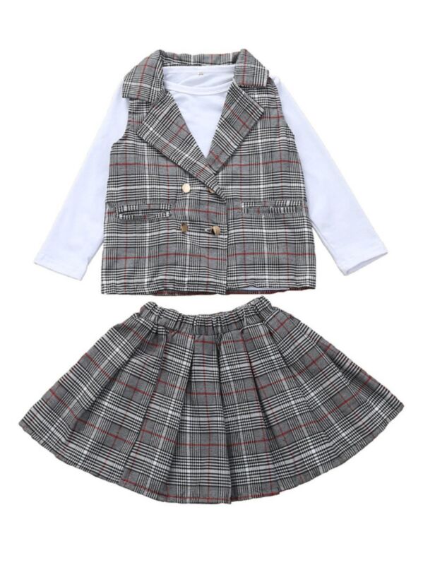 3 Pieces Little Girl Plaid Set White Top & Vest & Skirt