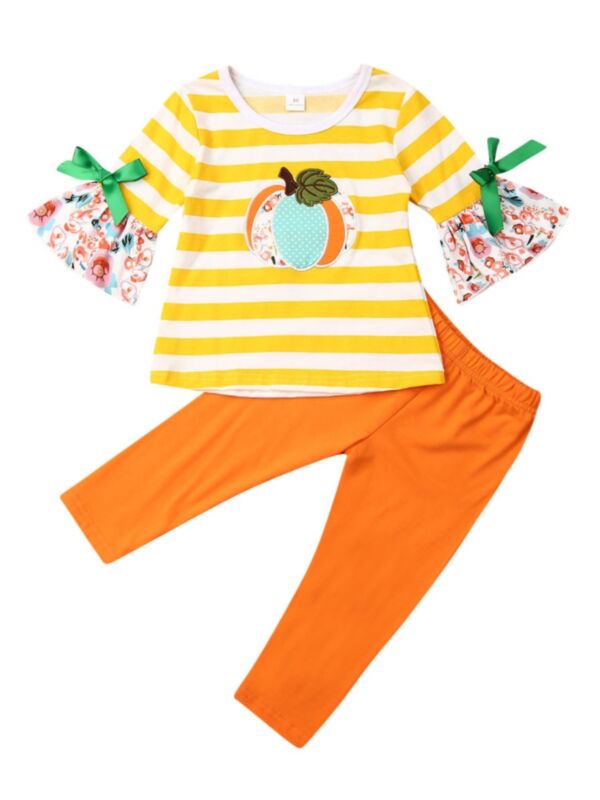  Two-piece Toddler Girl Halloween Pumpkin Stripe Set Flare Sleeve Top With Pants Set