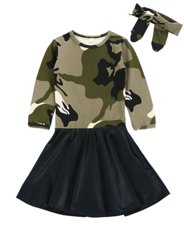 Toddler Girl Long Sleeve Camouflage PU Patchwork Dress + Headband Set