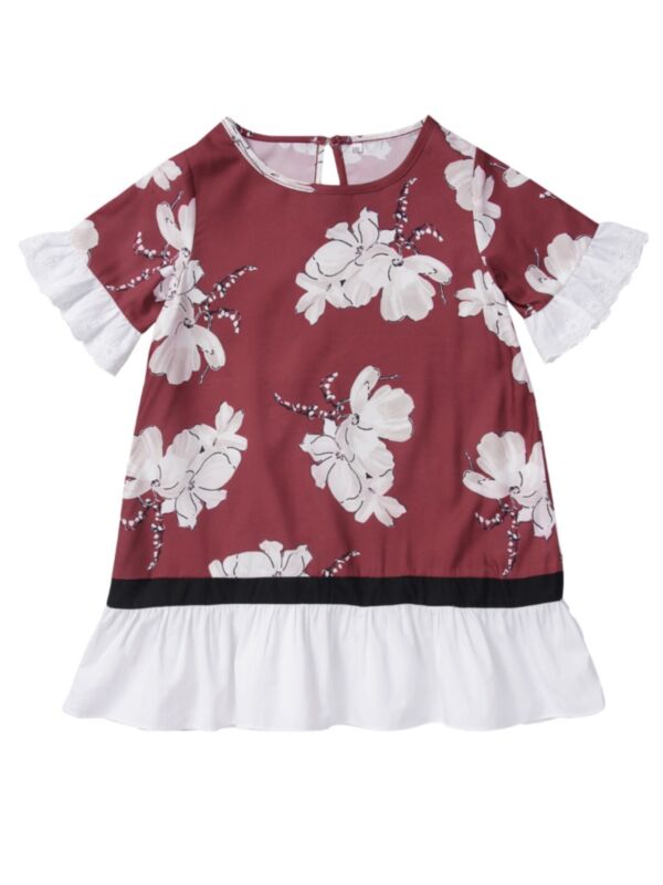 Little Girl Round Neck Flower Printed Flutter Sleeve Ruffle Decor Dress