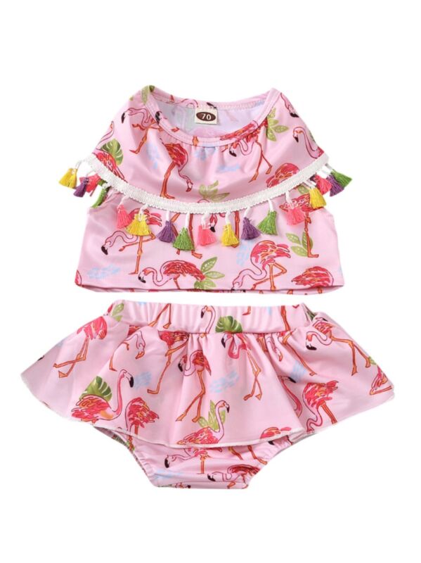 2 Pieces Infant Toddler Girl Flamingo Swimsuit Set Tassel Decor Top Matching Skirt