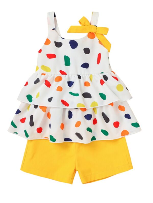 2-Piece Toddler Girl Colorful Polka Dots Ruffle Hem Cami Top Matching Yellow Shorts Set