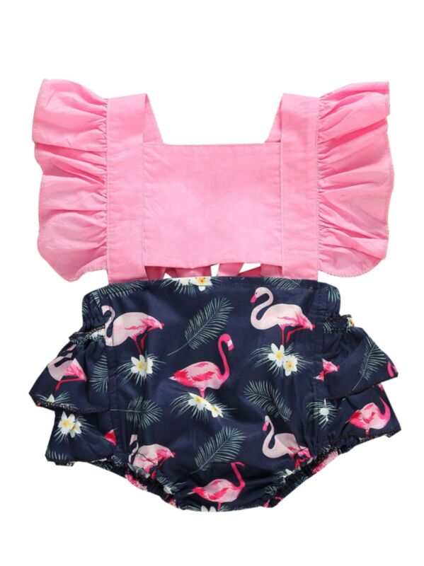 Infant Girl Ruffle Sleeve  Flamingo Plant Flower Print Bodysuit