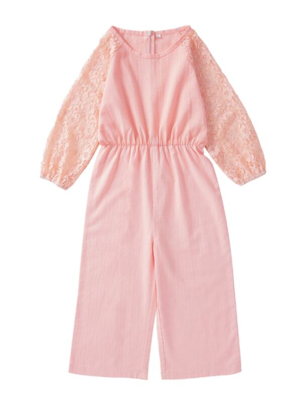 Little Girl Lace Patchwork Long Sleeve Pink Jumpsuit 