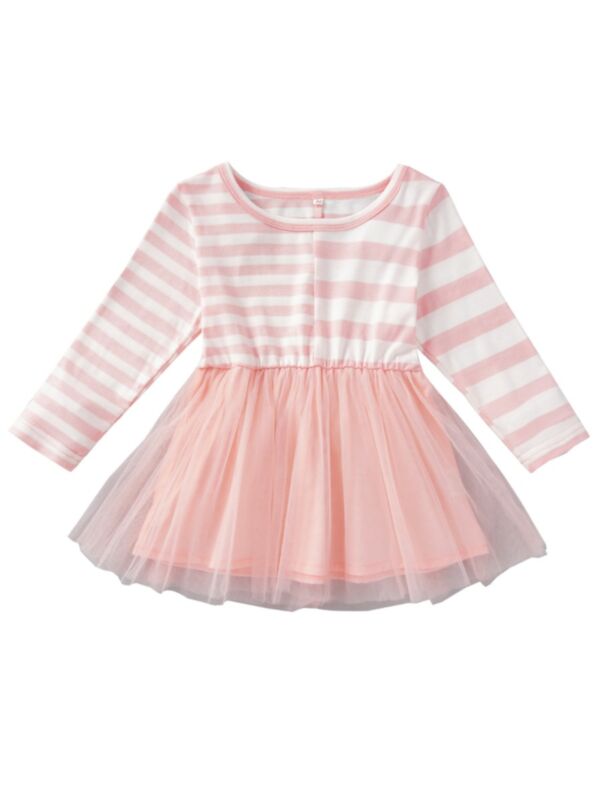 Baby Girl Long Sleeve Stripe Mesh Dress Pink