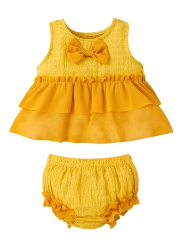 2 Pieces Baby Girl Patchwork Ruffle Hem Tank Top Matching Shorts Set Yellow