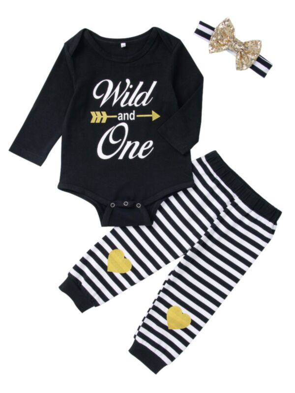 3 Pieces Baby Girl Wild and One Set Bodysuit & Stripe Love Heart Pants & Headband
