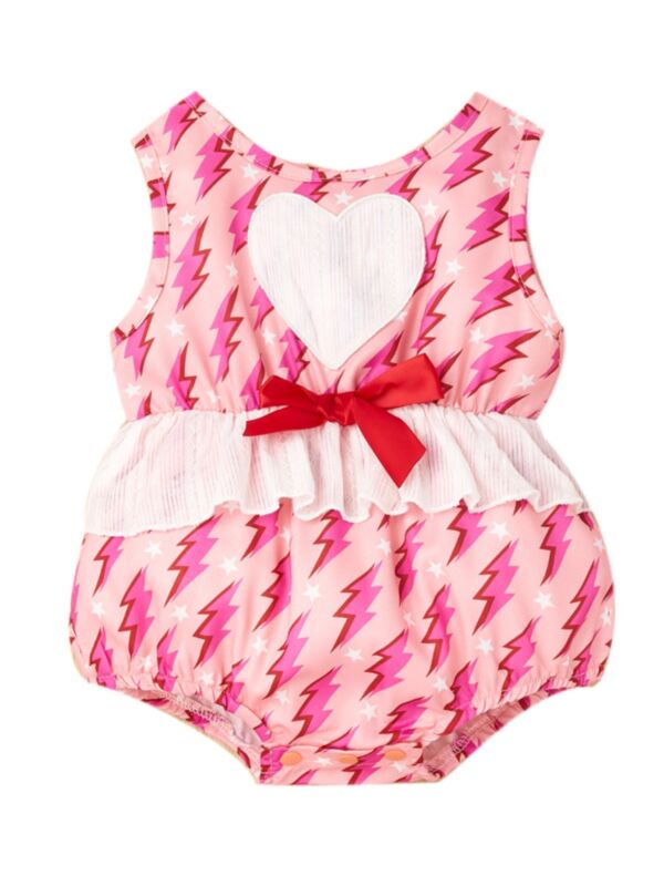 Baby Girl Love Heart Star Lightning Print Tank Bodysuit Pink