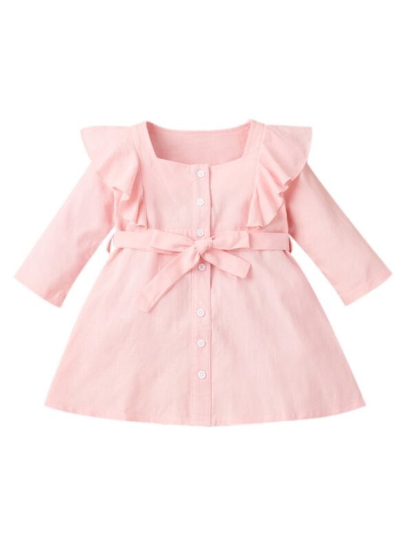 kid Girl Square Neck Ruffle Decor Belted Dress Pink