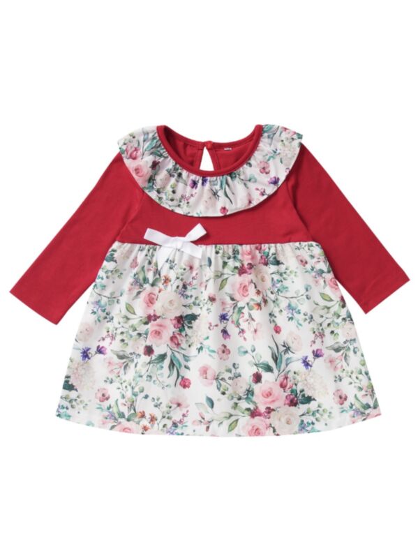 Baby Girl Round Neck Floral Print Red Dress