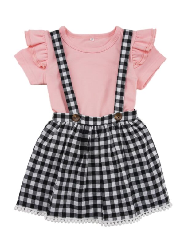 2 Pieces Baby Girl Flutter Sleeve Tee Matching Suspender Skirts 