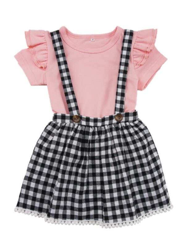 2 Pieces Baby Girl Flutter Sleeve Tee Matching Suspender Skirts