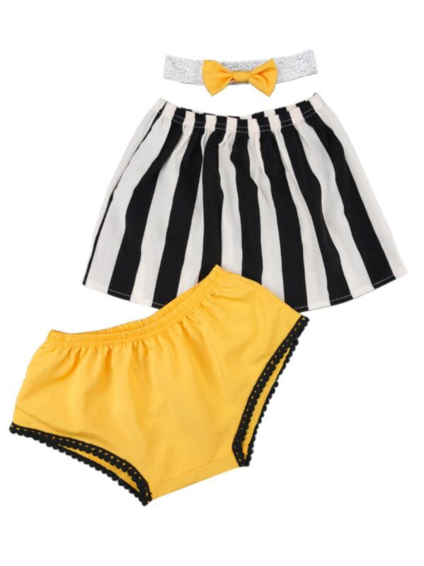 3 Pieces Baby Girl Stripe Top & Yellow Shorts & Headband Set