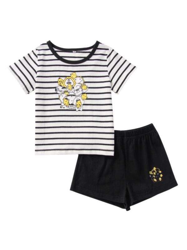 2 Pieces Infant Toddler Boy Girl Cartoon Cat Set Stripe Top Matching Black Shorts 
