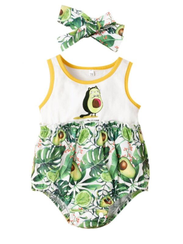 2 Pieces Infant Girl Avocado Lime Print Tank Bodysuit Matching Headband