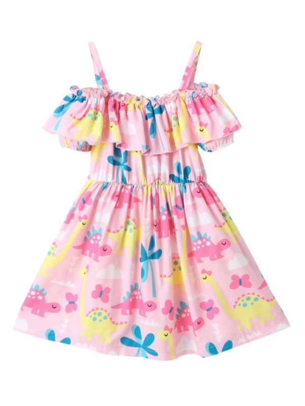 Summer Toddler Girl Ruffle Dino Printed Pink Dress