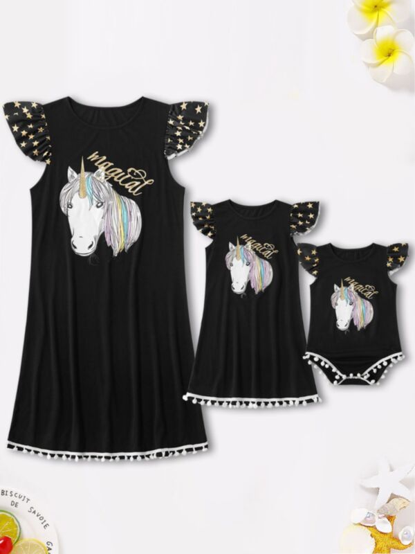 Mom And Daughter Unicor Flutter Sleeve Pom Pom Black Bodysuit Dress