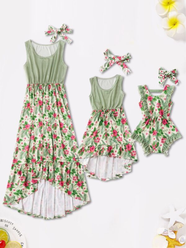 Mom And Daughter Floral Print Green Dress Bodysuit