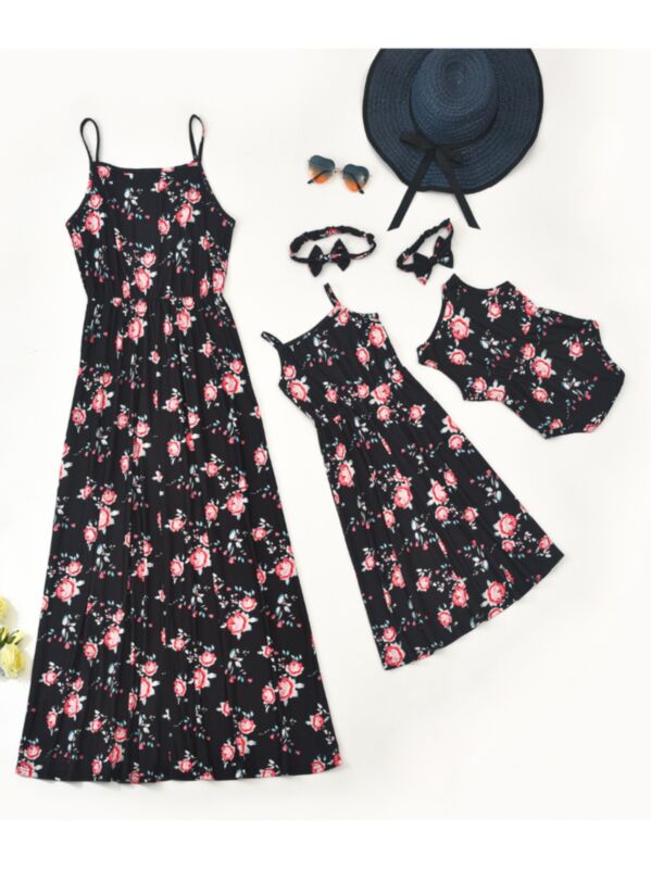 Mommy And Me Floral Print Holiday Photography Cami Dress Bodysuit Black