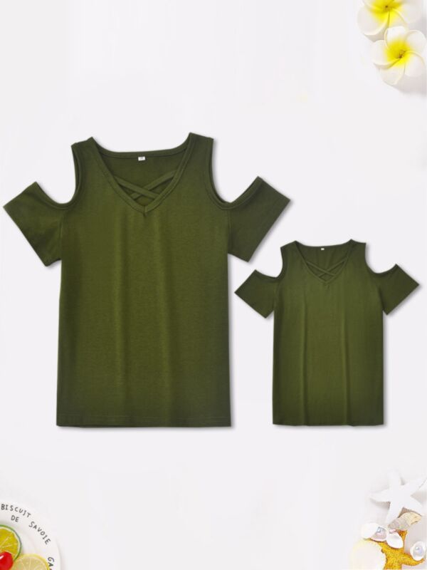 Mom And Daughter Solid Color Off Shoulder Green Top