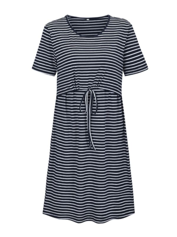 Summer Round Neck Tie-up Stripe Maternity Nursing Dress