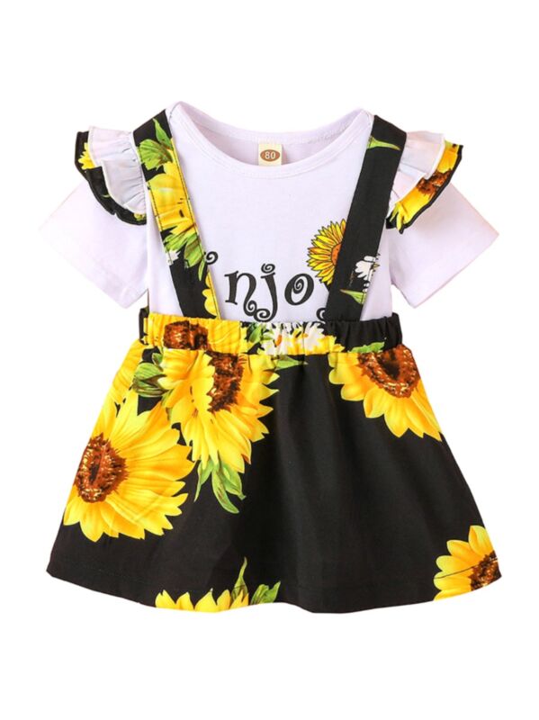 2 Pieces Toddler Girl Sunflower Print Set White Letter Bodysuit Matching Suspender Skirt 