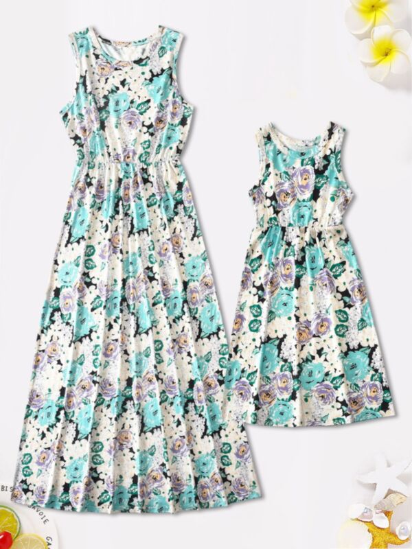 Mom And Daughter Floral Print Holiday Family Matching Tank Dress
