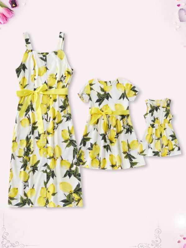 Mom And Daughter Lemon Print Holiday Belted Dress