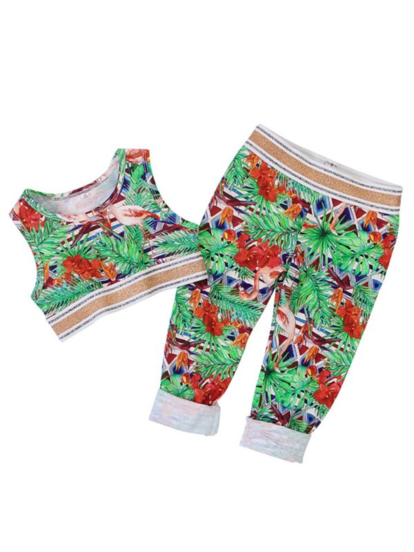 2 Pieces Little Girl Boho Floral Print Set Crop Top Matching Pants