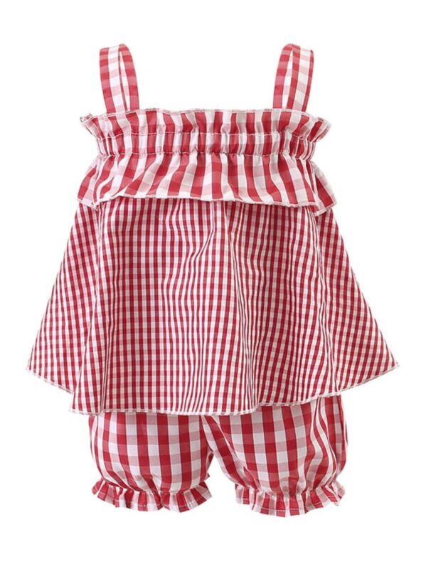 2 Pieces Little Girl Red Plaid Set Shirred Cami Top Matching Shorts 
