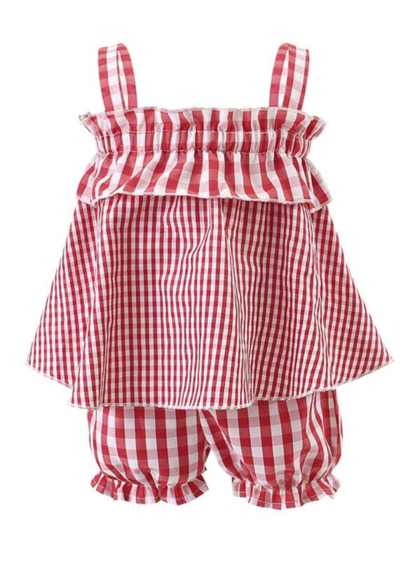 2 Pieces Little Girl Red Plaid Set Shirred Cami Top Matching Shorts