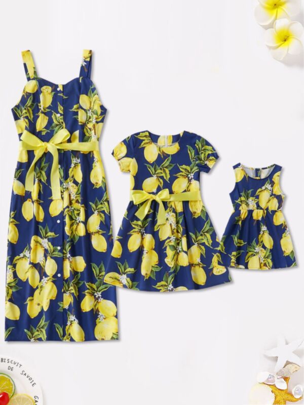 Mom And Daughter Lemon Print Holiday Blue Dress